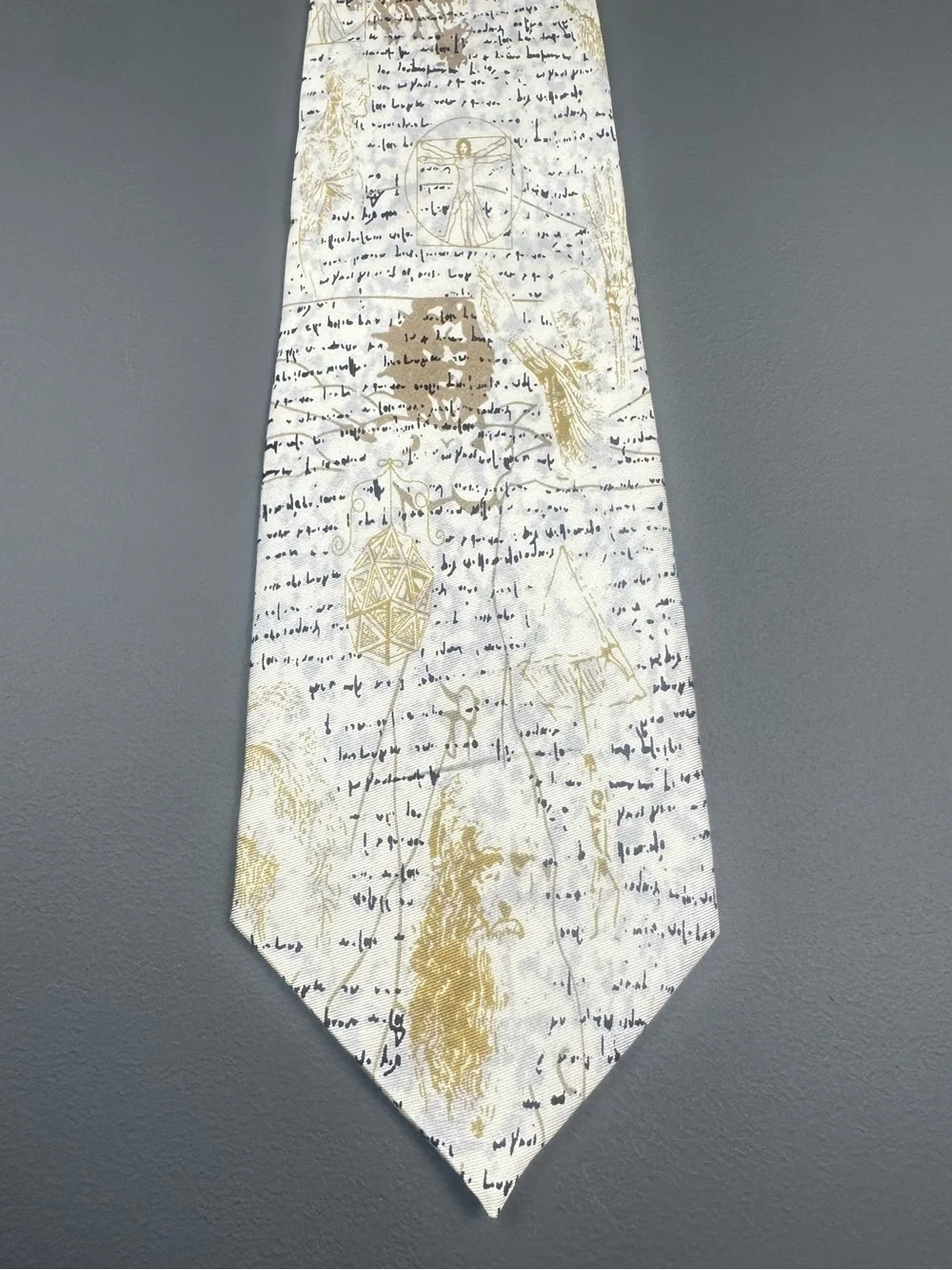 Roberta Firenze Italy Silk Renaissance Manuscript Tie White Gold 3 5/8 x 58 1/2